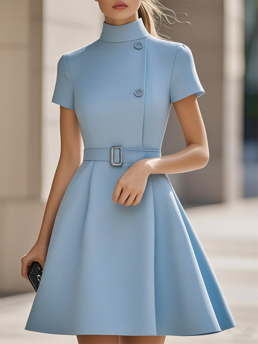 Elegant Black High-Neck Dress with Belted Waist