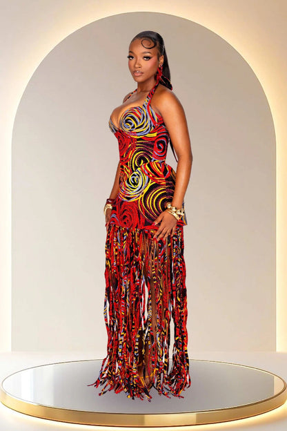 Statement Halter Fringe Maxi Dress
