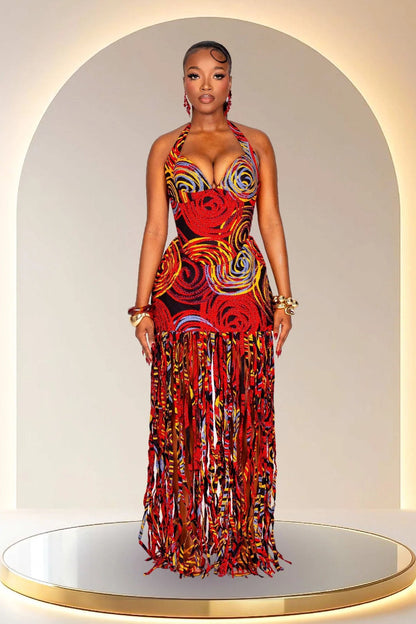 Statement Halter Fringe Maxi Dress