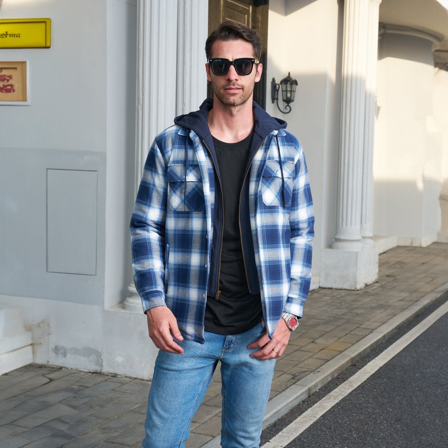 Men's Flannel Jacket with Removable Hood & 5 Pockets